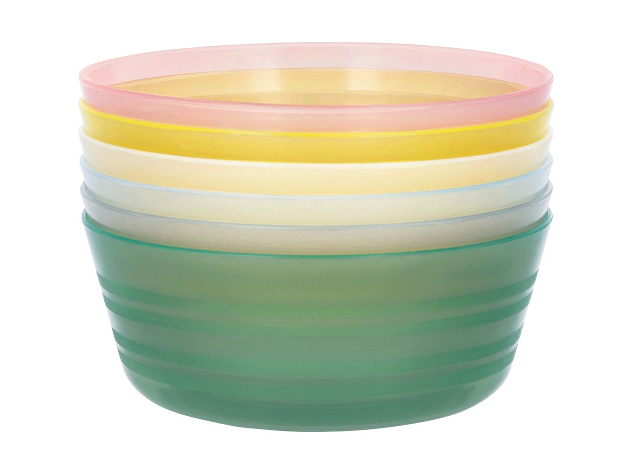 Stack of colorful plastic bowls in pink, yellow, cream, light blue, and green.
