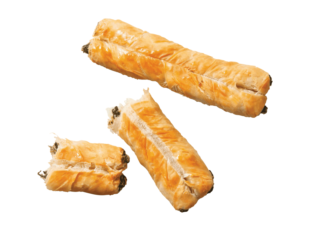 Trīs zeltaini pīrādziņi no kārtainās mīklas ar spinātu pildījumu, viens no tiem ir iekosts.