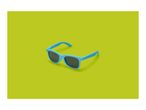 Blue sunglasses with dark lenses on a vibrant lime green background.