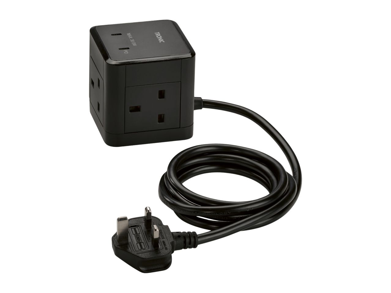 Black power cube with multiple sockets and a coiled cable with a UK plug.