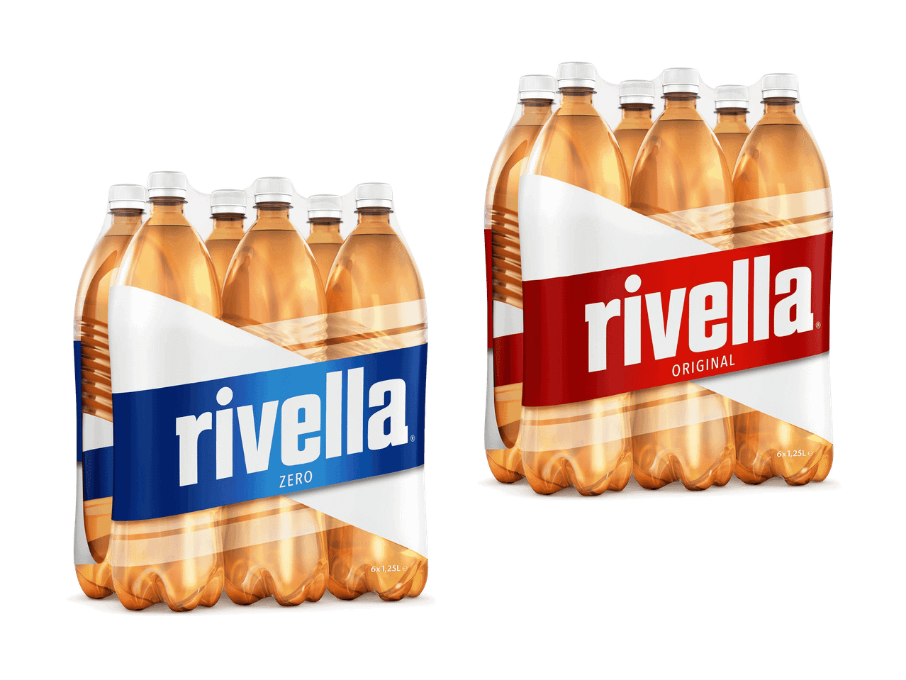Zwei 6er-Packs Rivella-Limonade, eine Original- und eine Zero-Variante, mit weißen Verschlüssen.