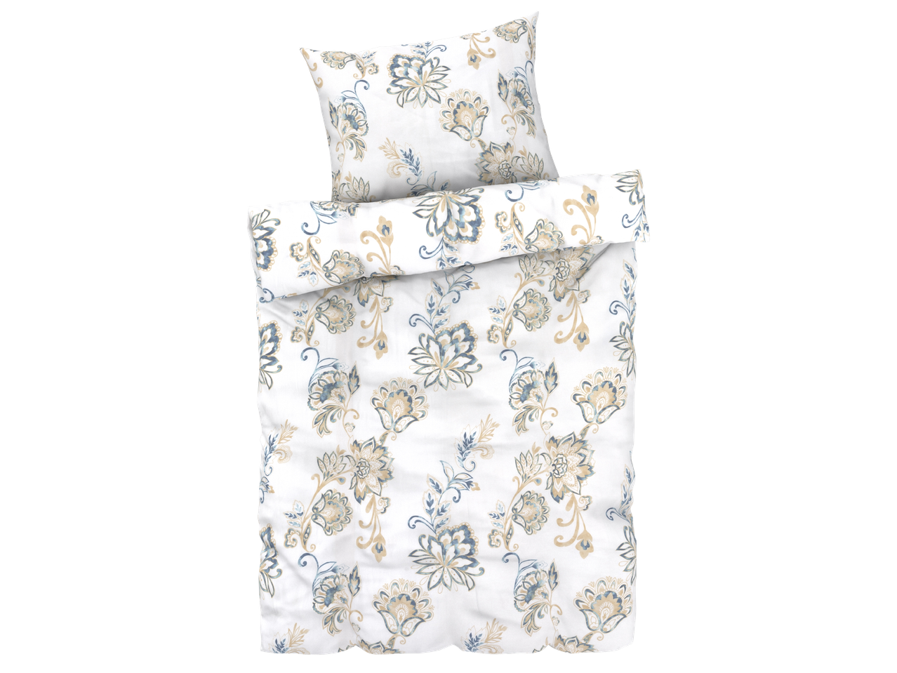 Спално бельо с флорални мотиви в синьо и бежово.