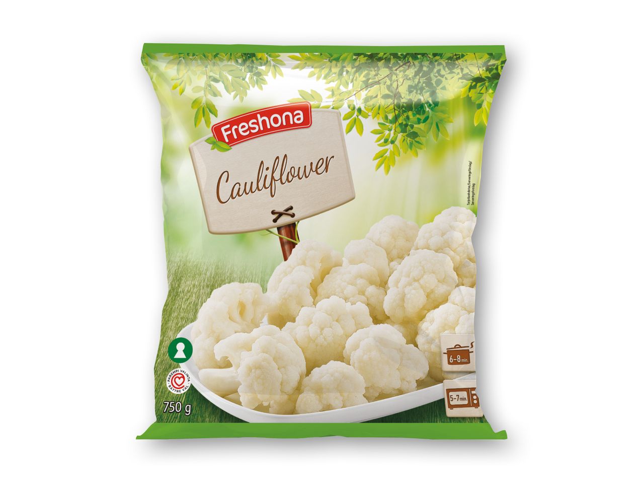 En pose frossen blomkål fra Freshona, klar til tilberedning.