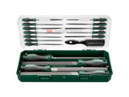 A PARKSIDE® file set with various files and a brush in a green and clear case.