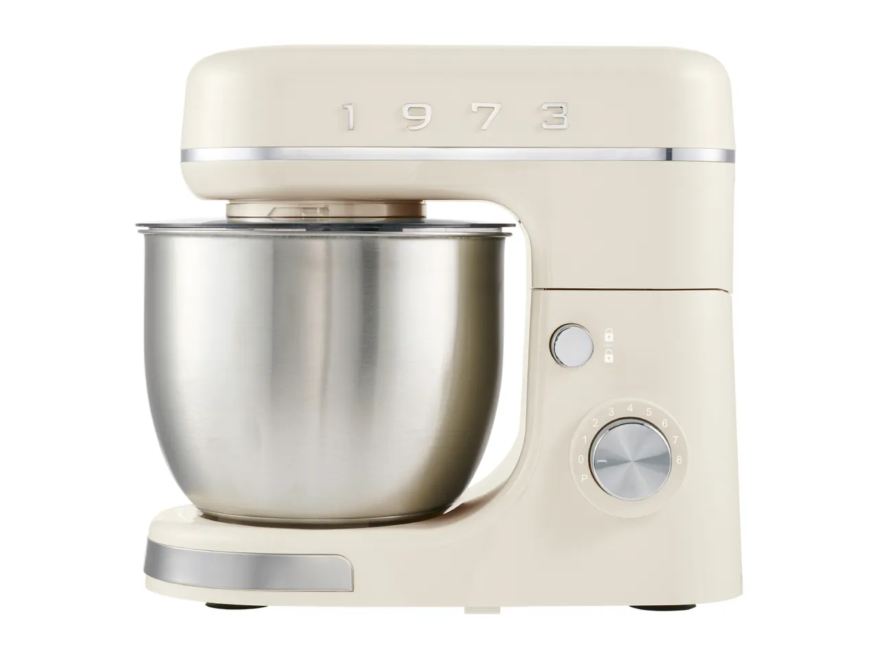 Cream retro stand mixer with stainless steel bowl and '1973' embossed on top.