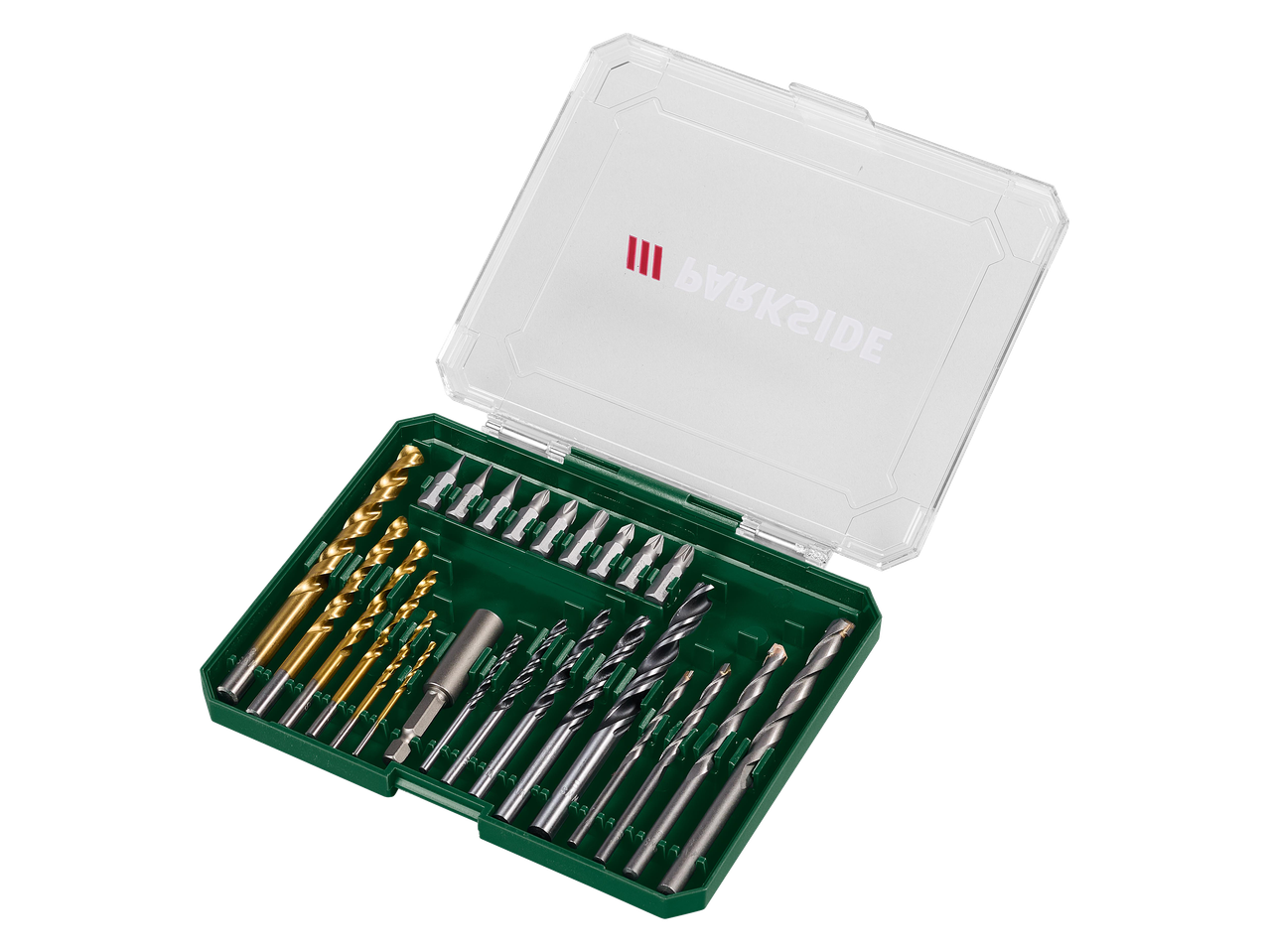 Fúró- és bitkészlet átlátszó tokban, arany és ezüst fúrókkal, valamint bitfejekkel.