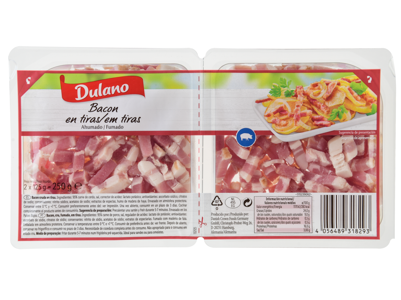 Dulano Bacon em tiras, fumado, embalagem de 250g com informação nutricional e instruções de preparação.