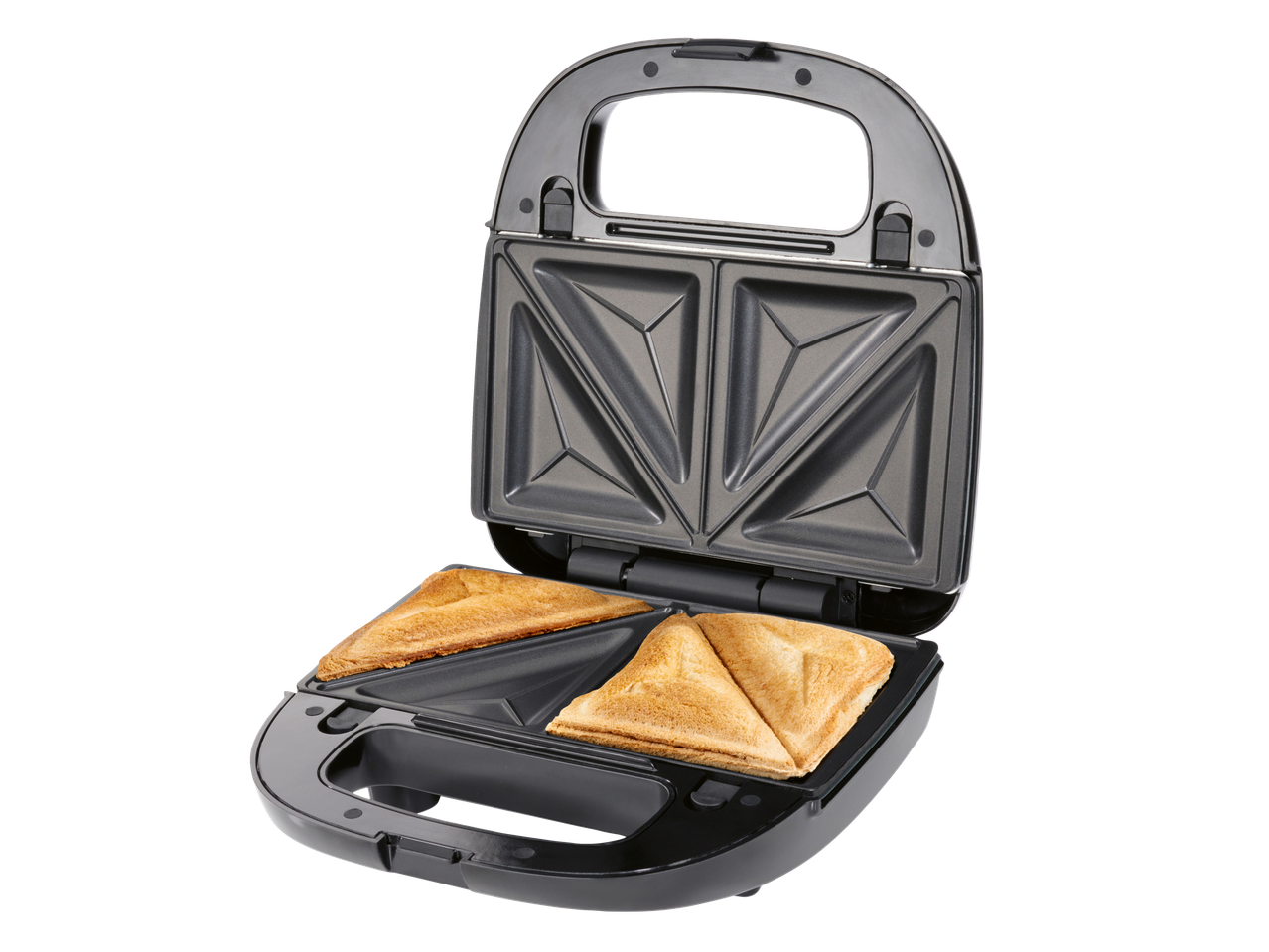 Sandwich maker cu două sandwich-uri triunghiulare prăjite.