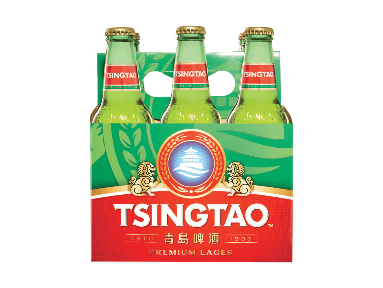 Ein Sixpack Premium-Lagerbier in grünen Glasflaschen.