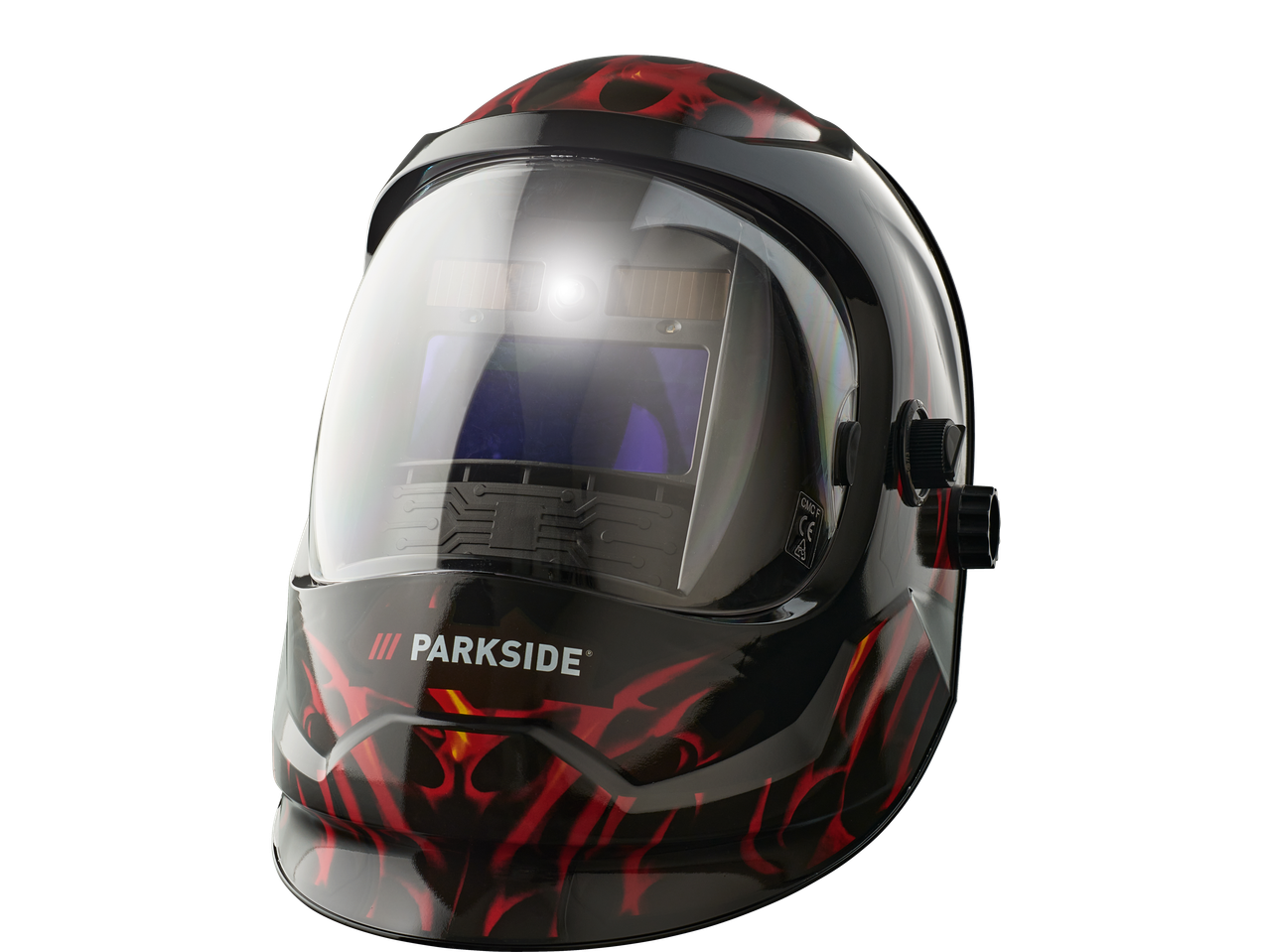 PARKSIDE® Automatic Welding Helmet with red flame design, solar panel, and adjustable knobs.