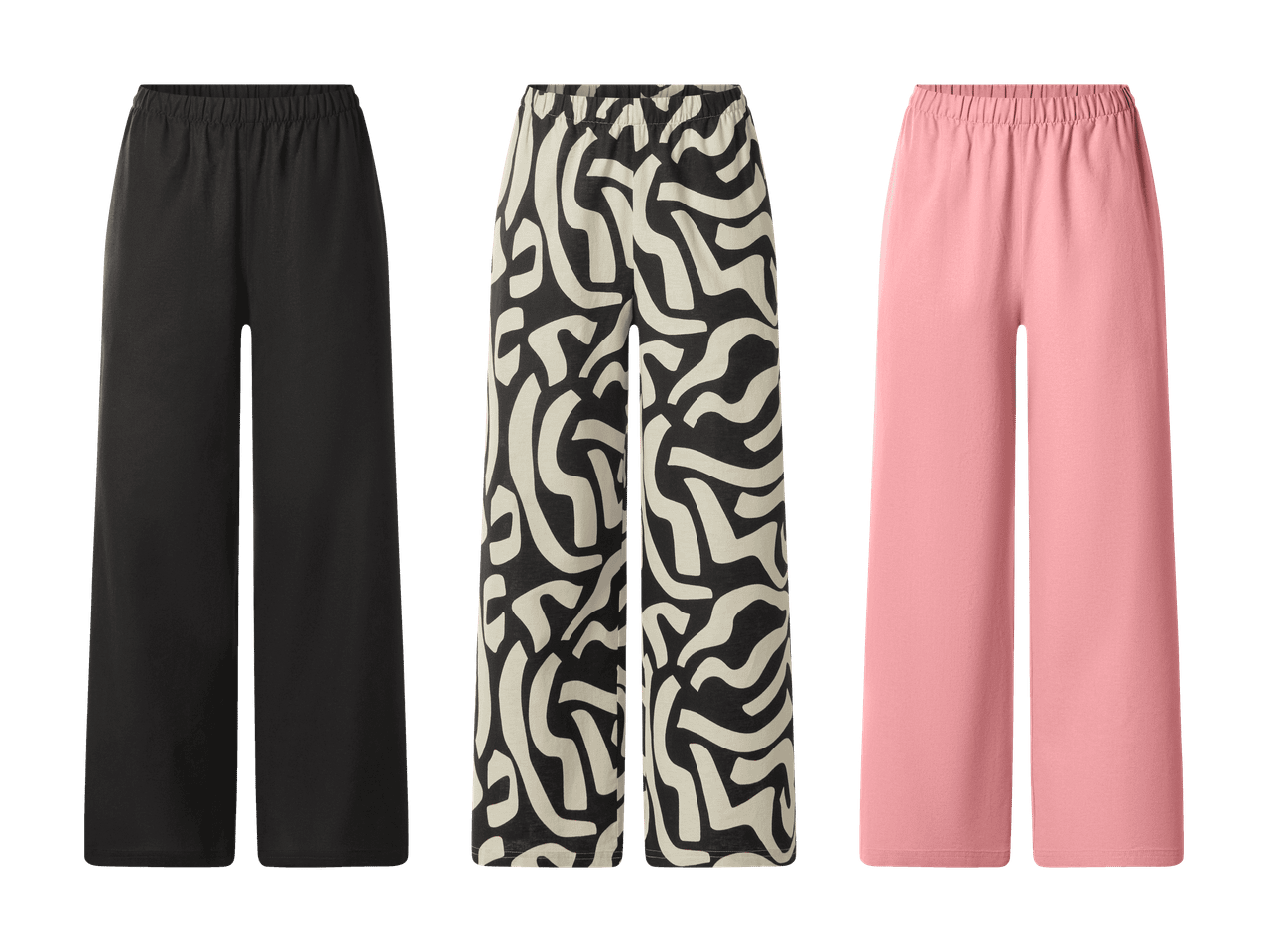 Drei weite Hosen: schwarz, mit abstraktem Schwarz-Weiß-Muster und rosa.