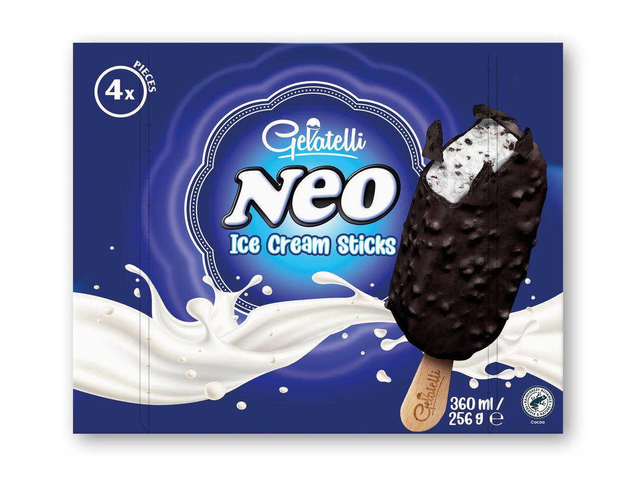 Ispinde med chokoladeovertræk og vaniljeis med kiksestykker, 4 stk. i pakken.