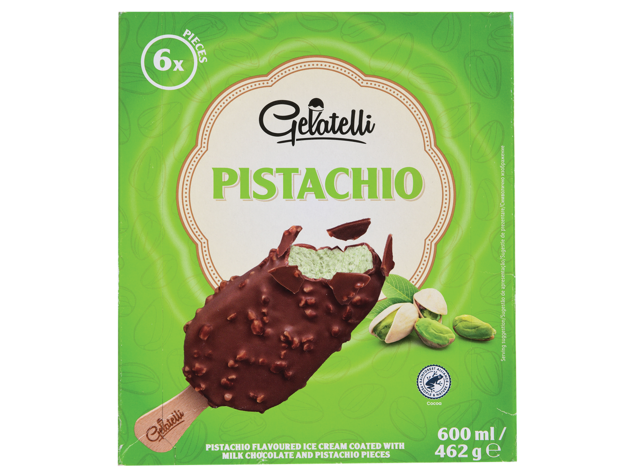 Gelatelli Gelado de Pistachio, embalagem de 6 unidades, 600ml/462g.