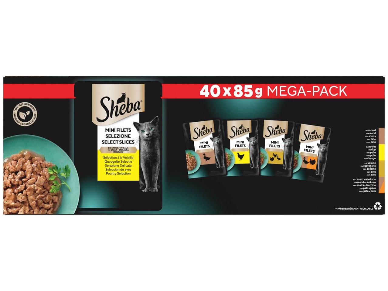 Mega pack de 40 sachets de nourriture pour chat Sheba, assortiment de saveurs.
