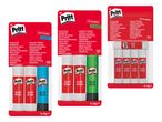 Trije paketi lepila Pritt v palicah, različnih barv in velikostih.