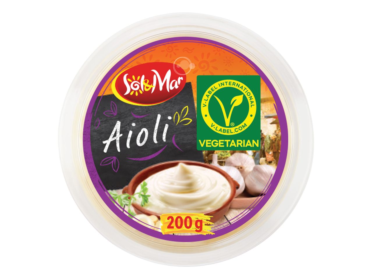 Okrogla posoda Sol & Mar Aioli z oznako V-Label Vegetarian in 200 g.