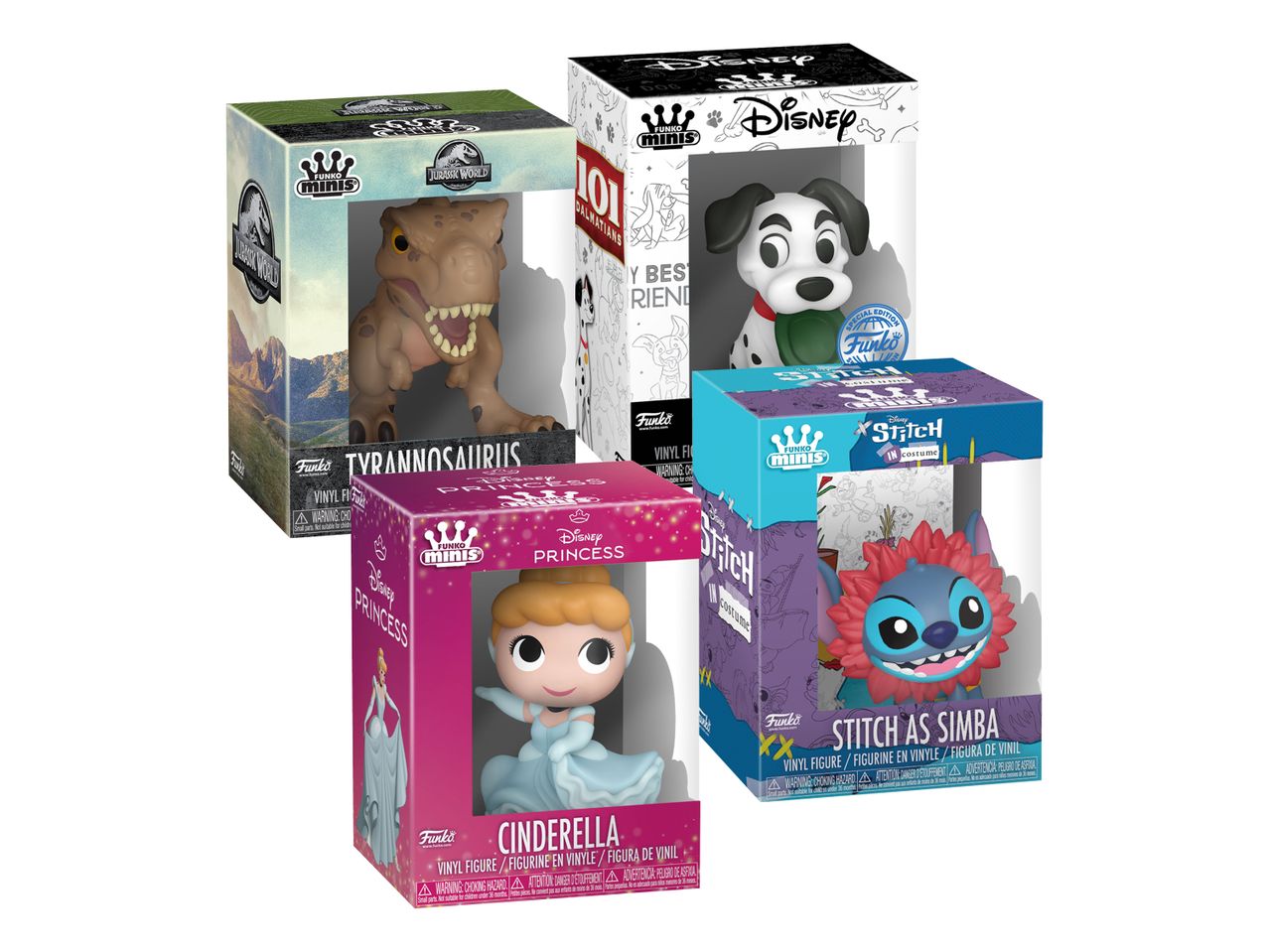 Vier Sammelfiguren in ihren Verpackungen: ein Dinosaurier, ein Dalmatiner, Cinderella und Stitch als Simba.