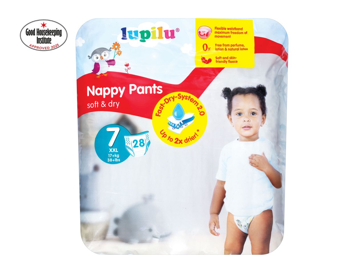 A package of 7x L/XL Huggies Happy Pants diapers for babies.
