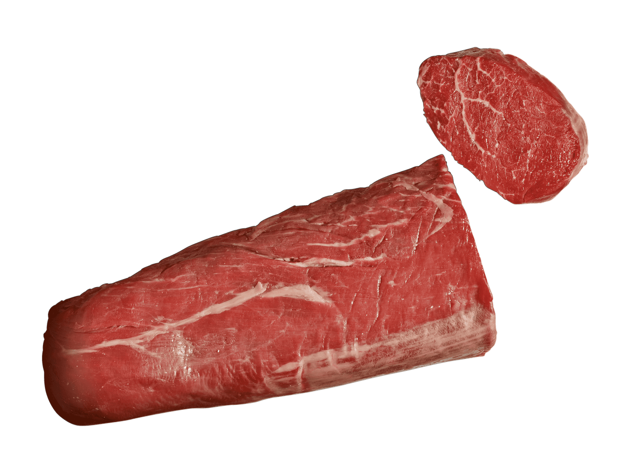 Zwei Stücke rohes rotes Fleisch auf schwarzem Hintergrund.