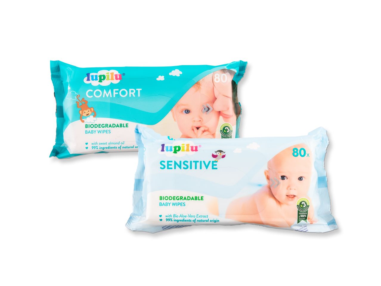 Lupilu kūdikių servetėlės: Comfort ir Sensitive, biologiškai suyrančios.