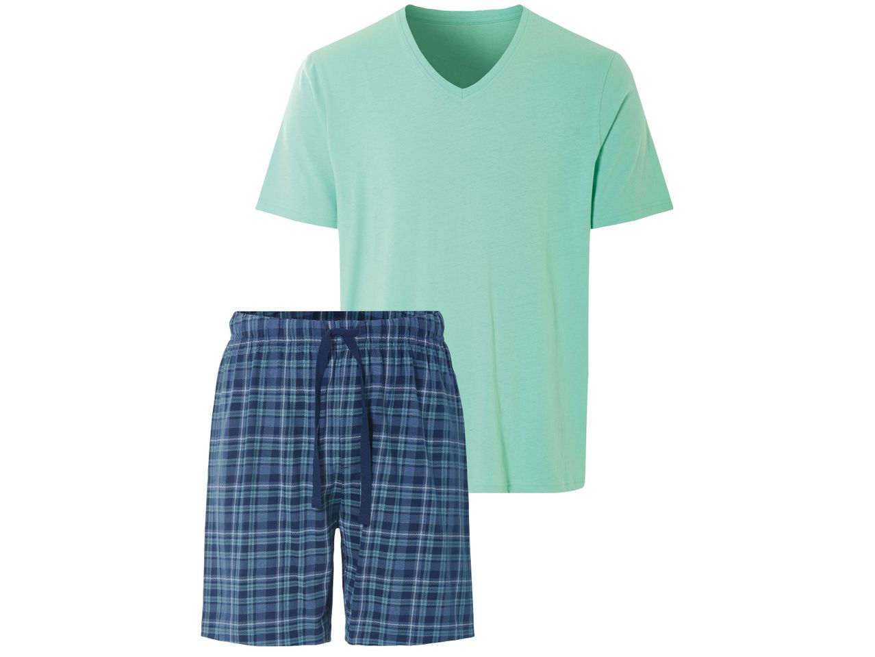 Men's mint green V-neck t-shirt and blue plaid pyjama shorts.