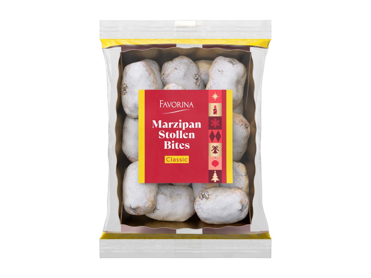 A bag of classic marzipan stollen bites with festive holiday designs on the label.