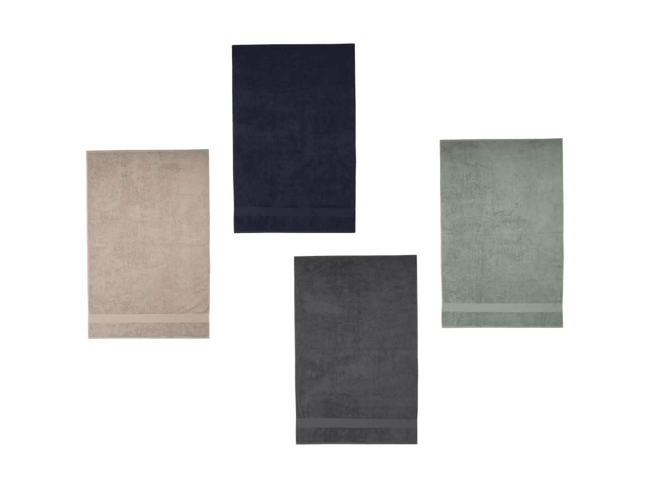 Quatre serviettes colorées en beige, bleu foncé, gris et vert, sur fond noir.