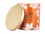 Pumpkin Spice scented candle in an orange jar with a gold lid