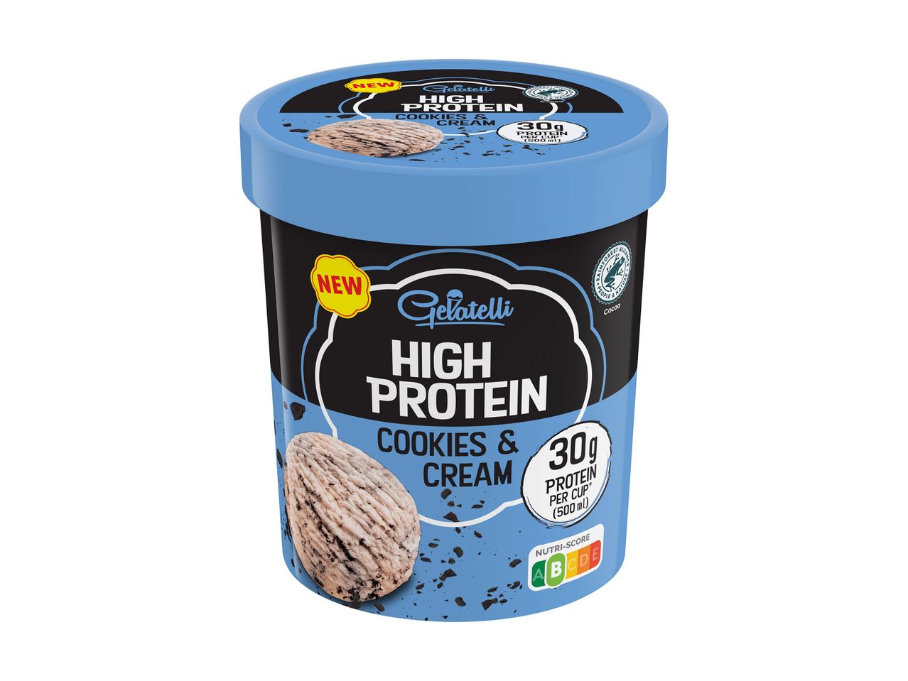 Κουτί παγωτού Gelatelli High Protein Cookies & Cream με 30g πρωτεΐνης και Nutri-Score A.