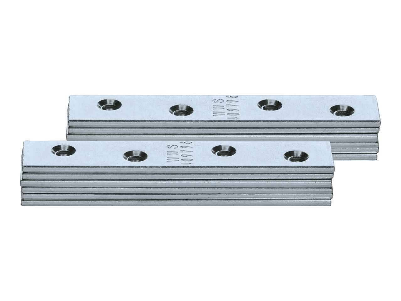 Two stacks of rectangular metal mending plates with four screw holes each.