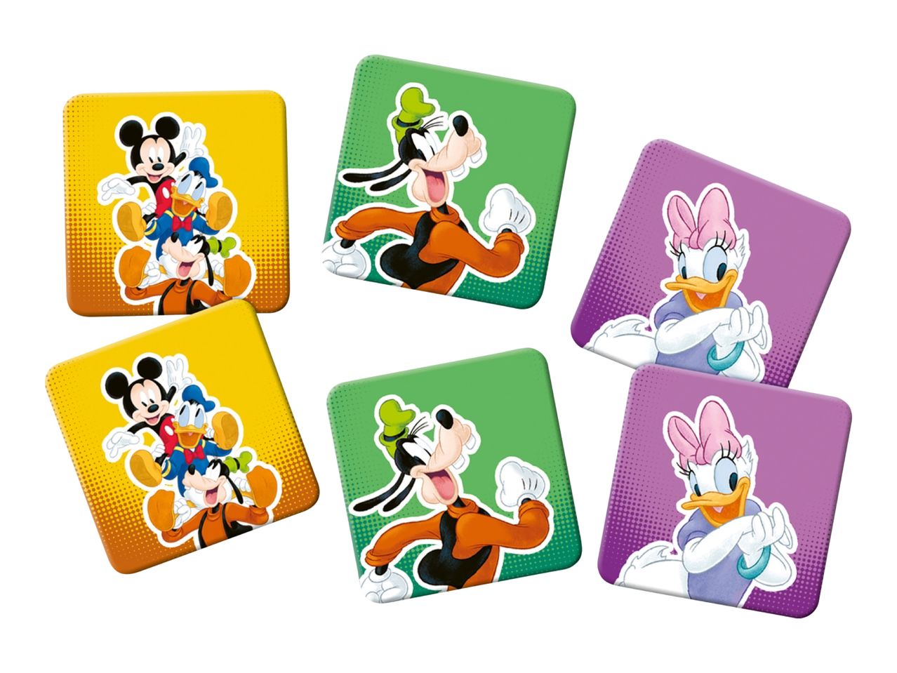 Six square Disney character magnets: Mickey, Donald, Goofy, and Daisy Duck.