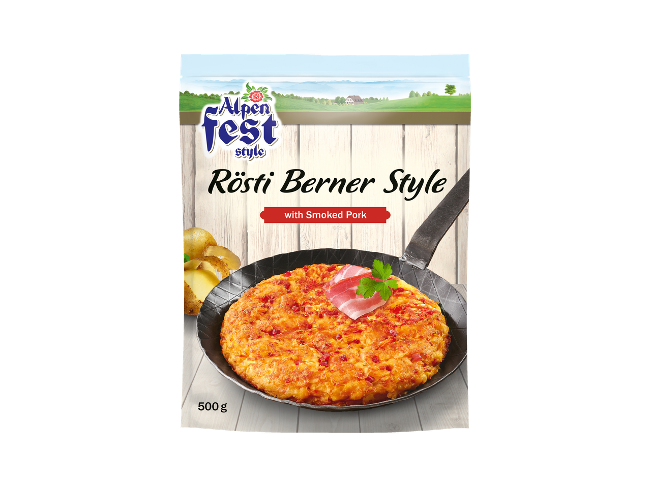 Alpenfest Rösti Berner Style met gerookt varkensvlees: kant-en-klare aardappelgerecht.