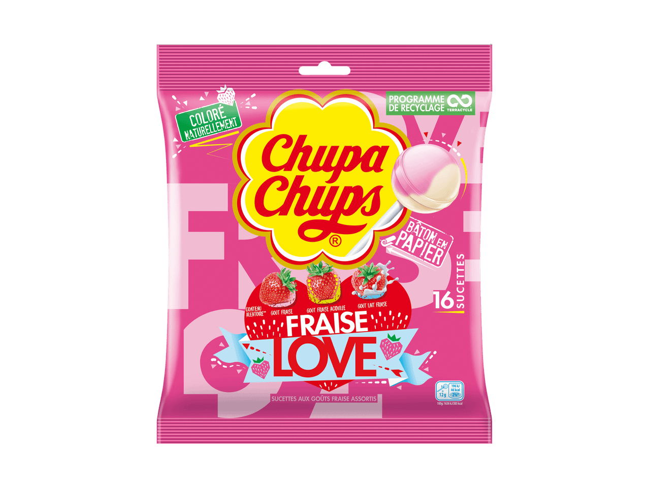 Packung mit Erdbeer-Lutschern mit Papierstiel, verschiedene Sorten.