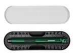 A precision screwdriver set with various bits in a black case, with a clear lid.