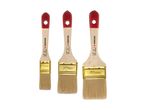Three paintbrushes with wooden handles and red ferrules.