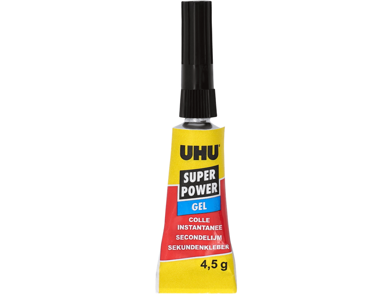 UHU Super Power Gel secondelijm, tube van 4,5 g met zwarte dop.