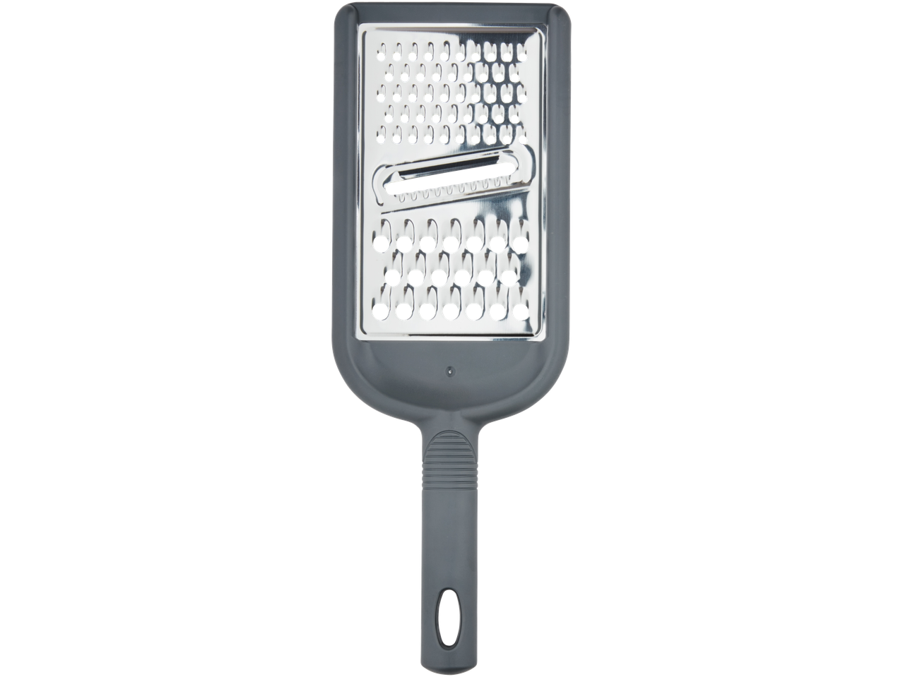 A grey handheld box grater with a stainless steel grating surface.