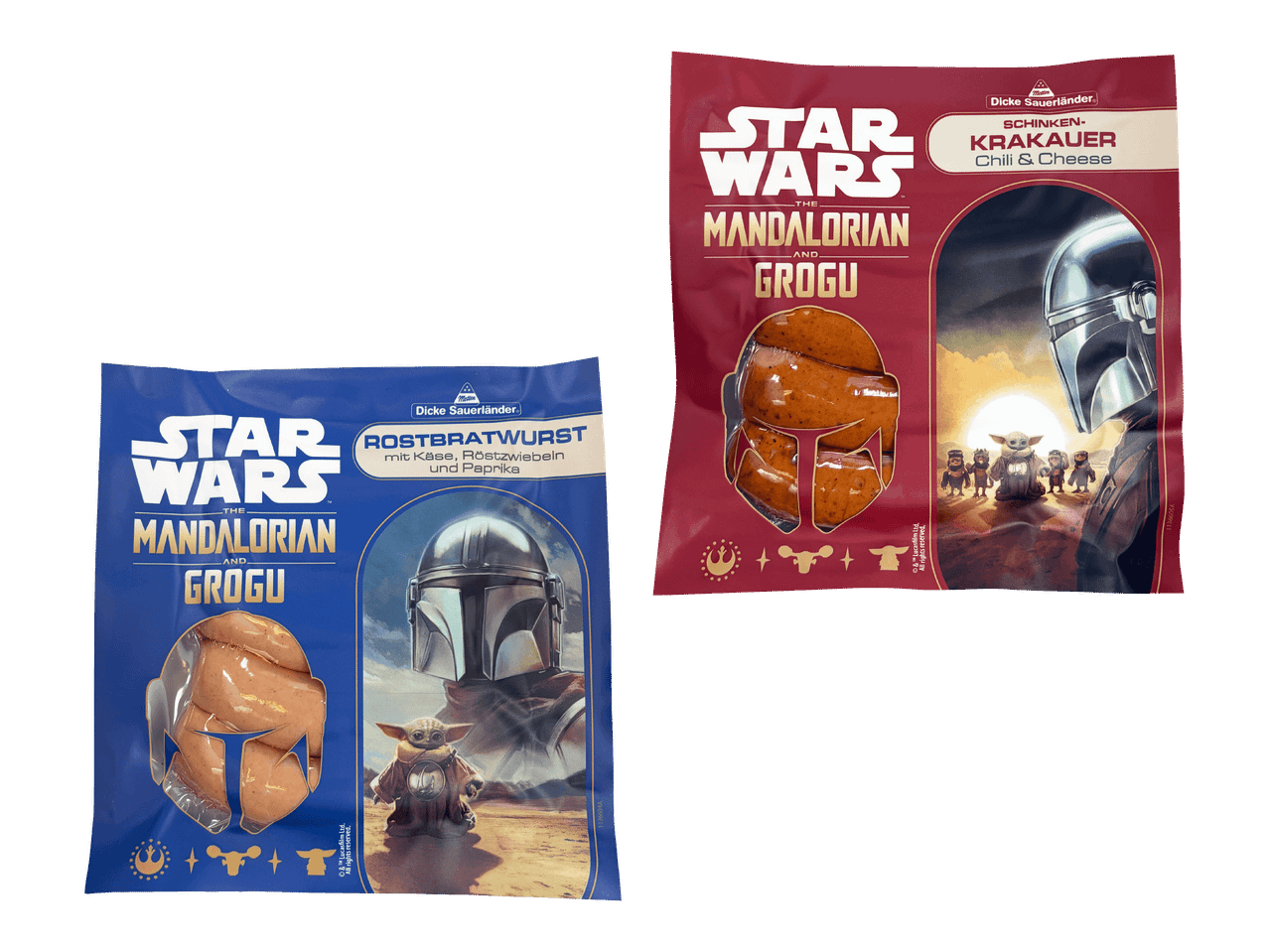 Kaksi Star Wars -teemaista makkarapakkausta, toinen sininen ja toinen punainen, esillä mustalla taustalla.