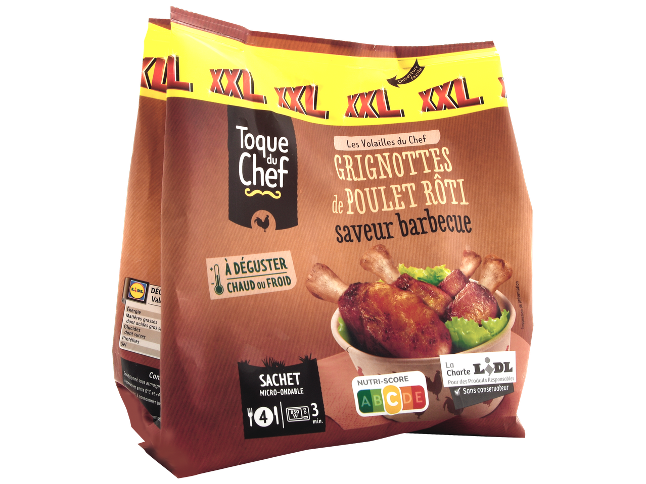 Sachet de grignottes de poulet rôti saveur barbecue, avec Nutri-Score C et instructions de cuisson.