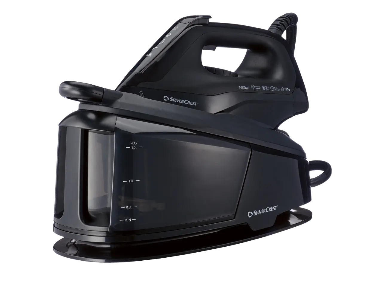 Ferro a vapor SilverCrest preto com estação base e tanque de água de 1,5L.