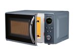 A SilverCrest microwave oven with its door open, displaying a digital clock set to 14:00.