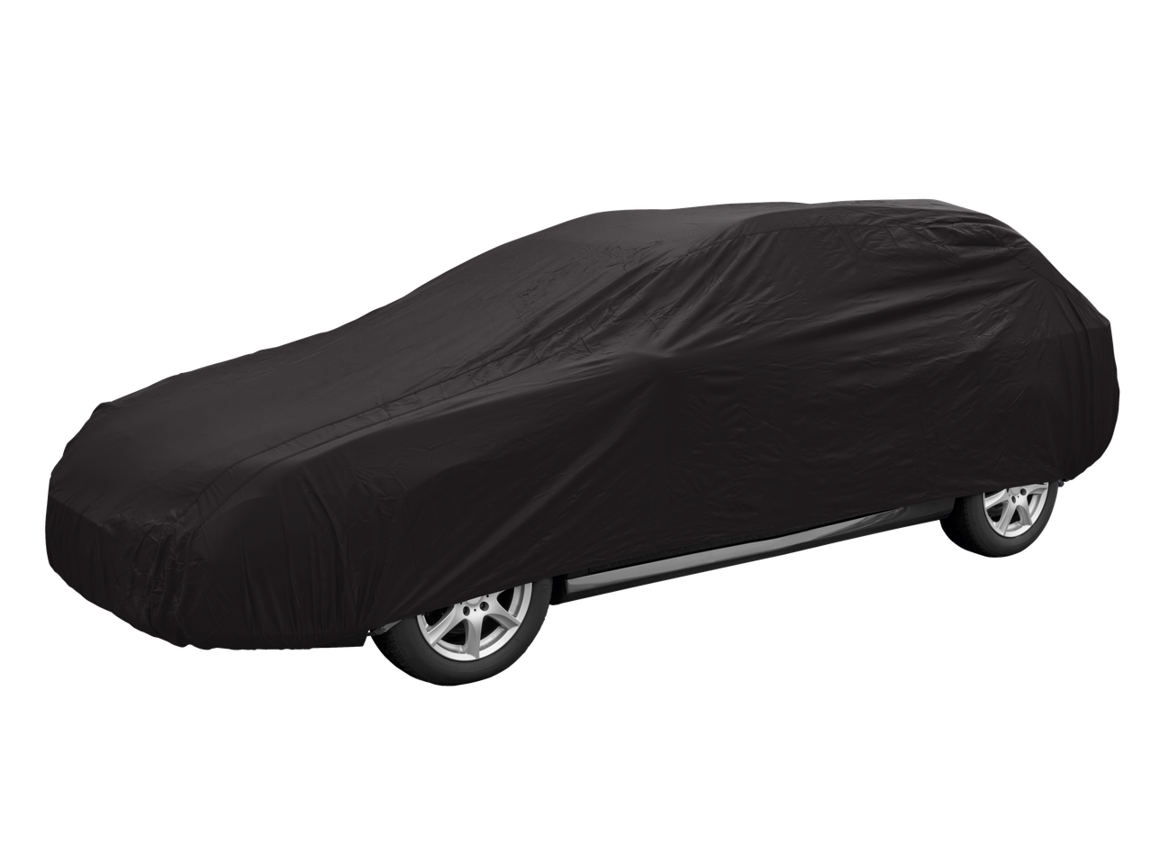 Juodas automobilio uždangalas, apsaugantis nuo oro sąlygų ir purvo.