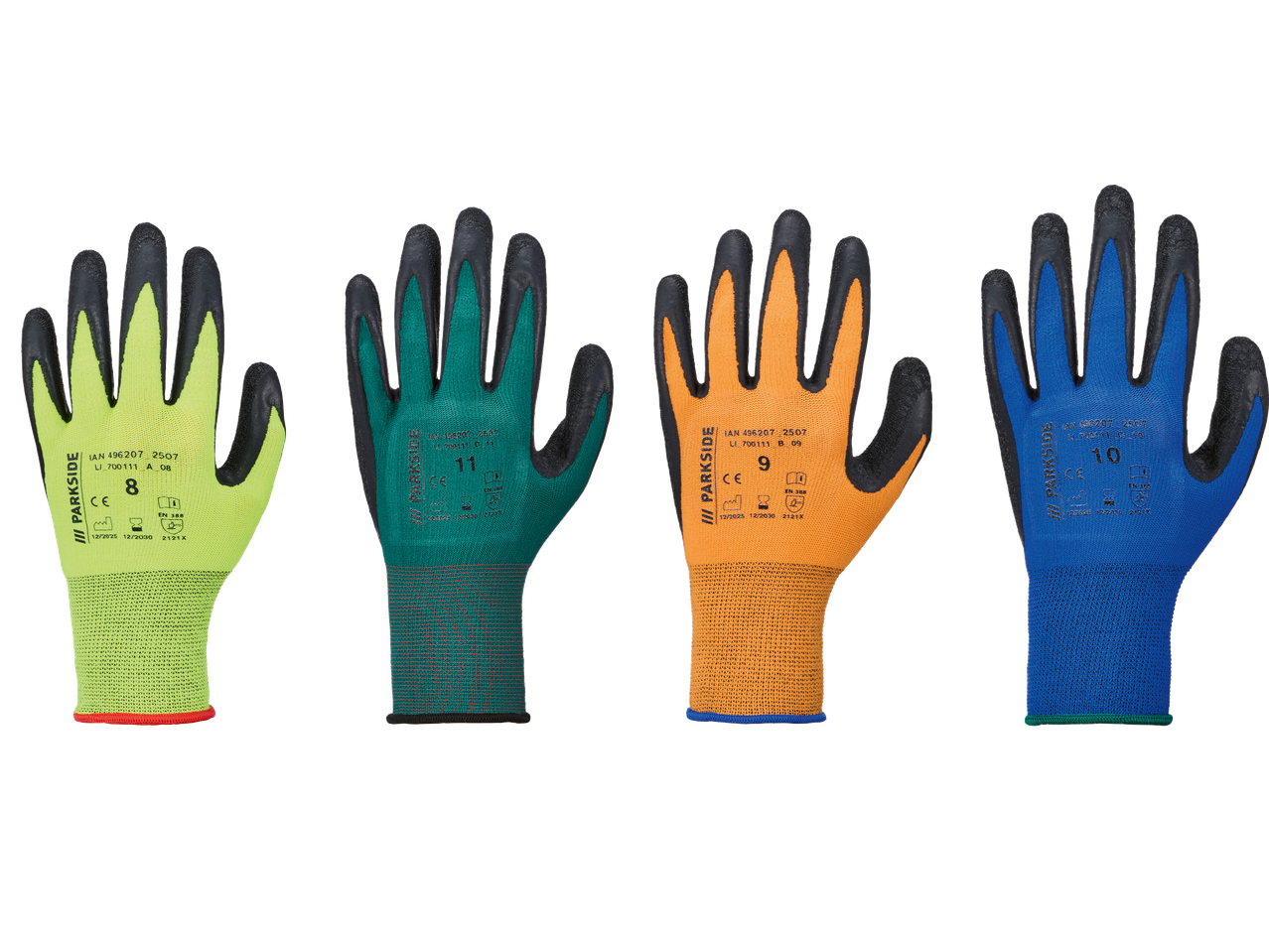 Fyra par arbetshandskar i olika färger: limegrön (storlek 8), grön (storlek 11), orange (storlek 9) och blå (storlek 10).