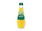 En flaske mango- og ananasaromatiseret mineralvand med en grøn etiket og frugtbilleder.