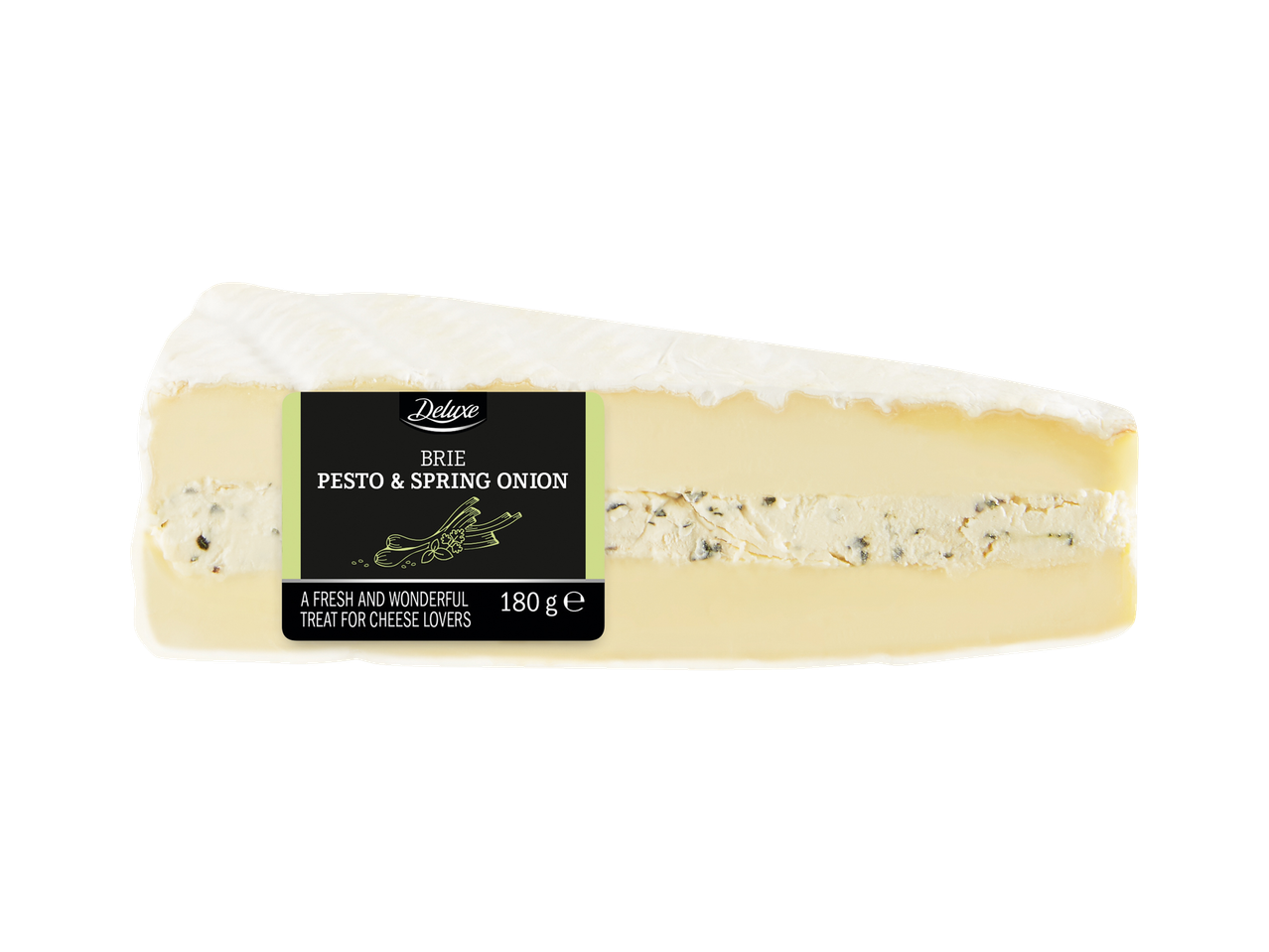 Deluxe Brie siers ar pesto un pavasara sīpoliem.