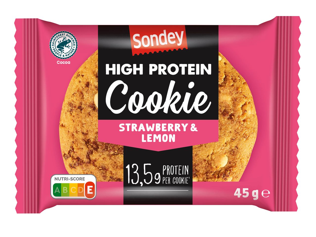 Un paquet de biscuits Sondey à haute teneur en protéines, saveur fraise et citron, 45g.