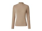 Ribbed long-sleeved turtleneck top in a light brown or beige color.