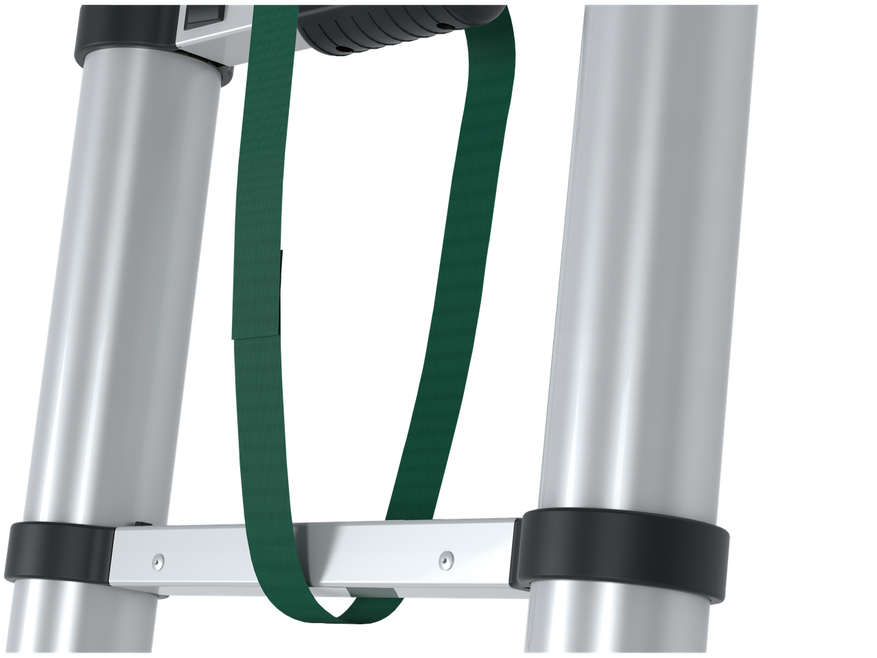 Parkside® Alu-Teleskopleiter: Λεπτομέρεια ενός τηλεσκοπικού στύλου αλουμινίου με πράσινο ιμάντα.