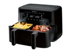 A black SilverCrest dual-basket air fryer with french fries and chicken wings.