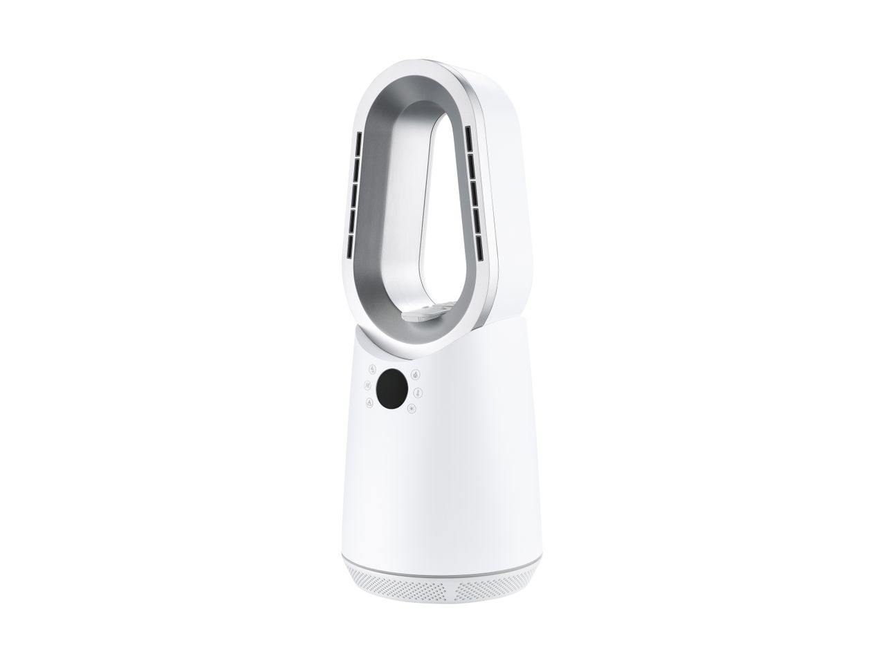 White bladeless fan with a remote control nestled in its top loop